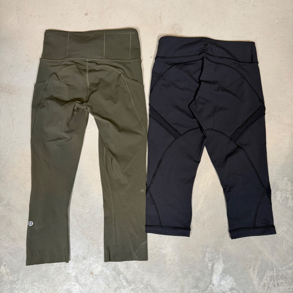 Lululemon Womens Capri Leggings Bundle Size 4 Olive Green Pockets Black Mesh Cap - Picture 2 of 8
